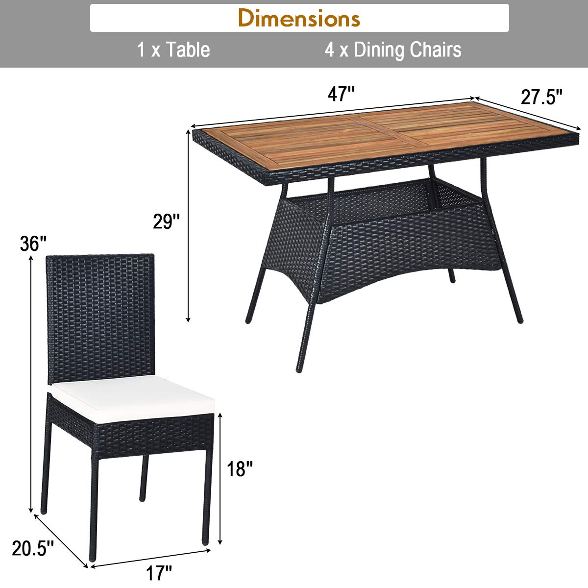 Tangkula 5 Piece Wicker Patio Dining Set with Padded Cushions