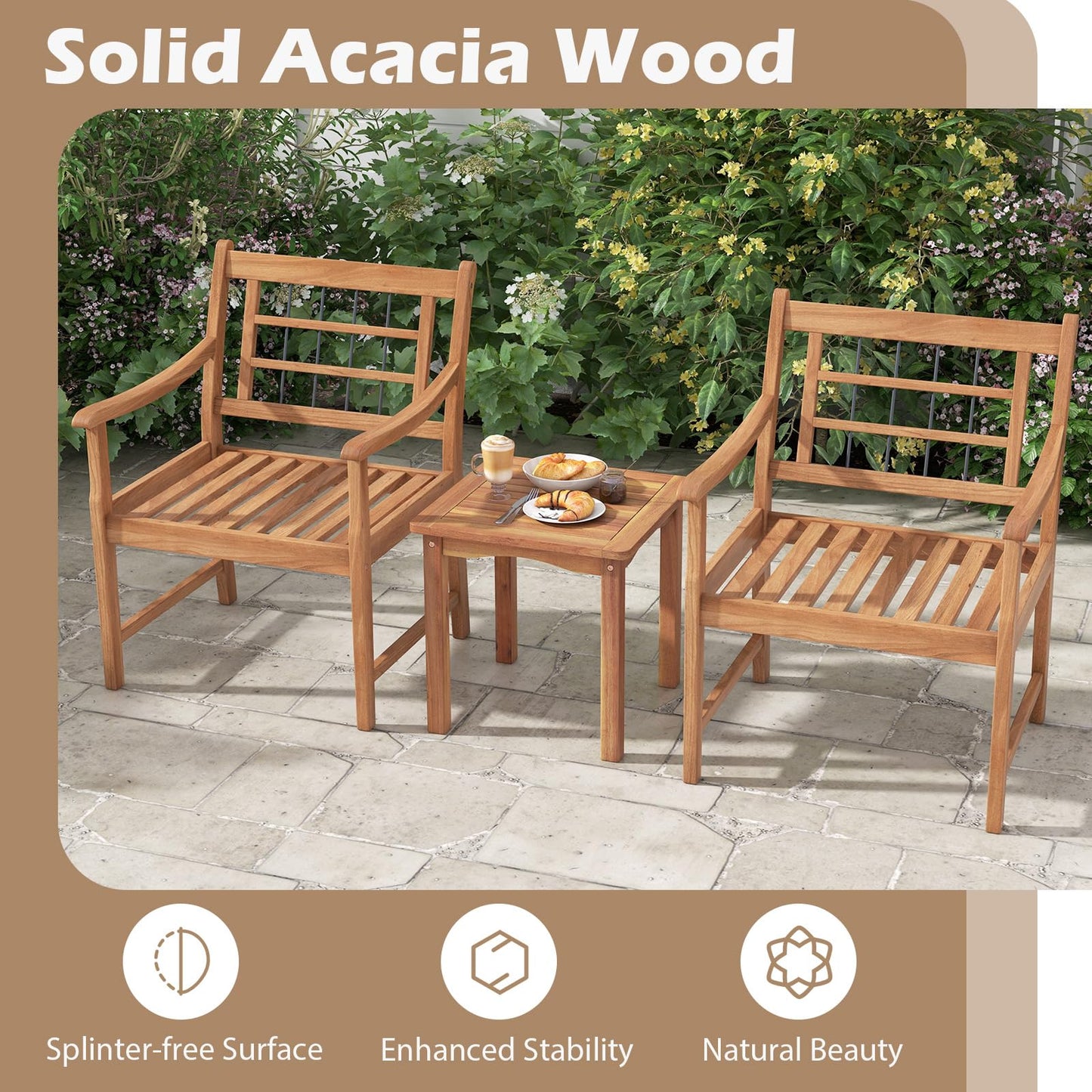 Tangkula 3 Piece Wood Patio Furniture Set, Outdoor Bistro Set w/Soft Seat Cushions