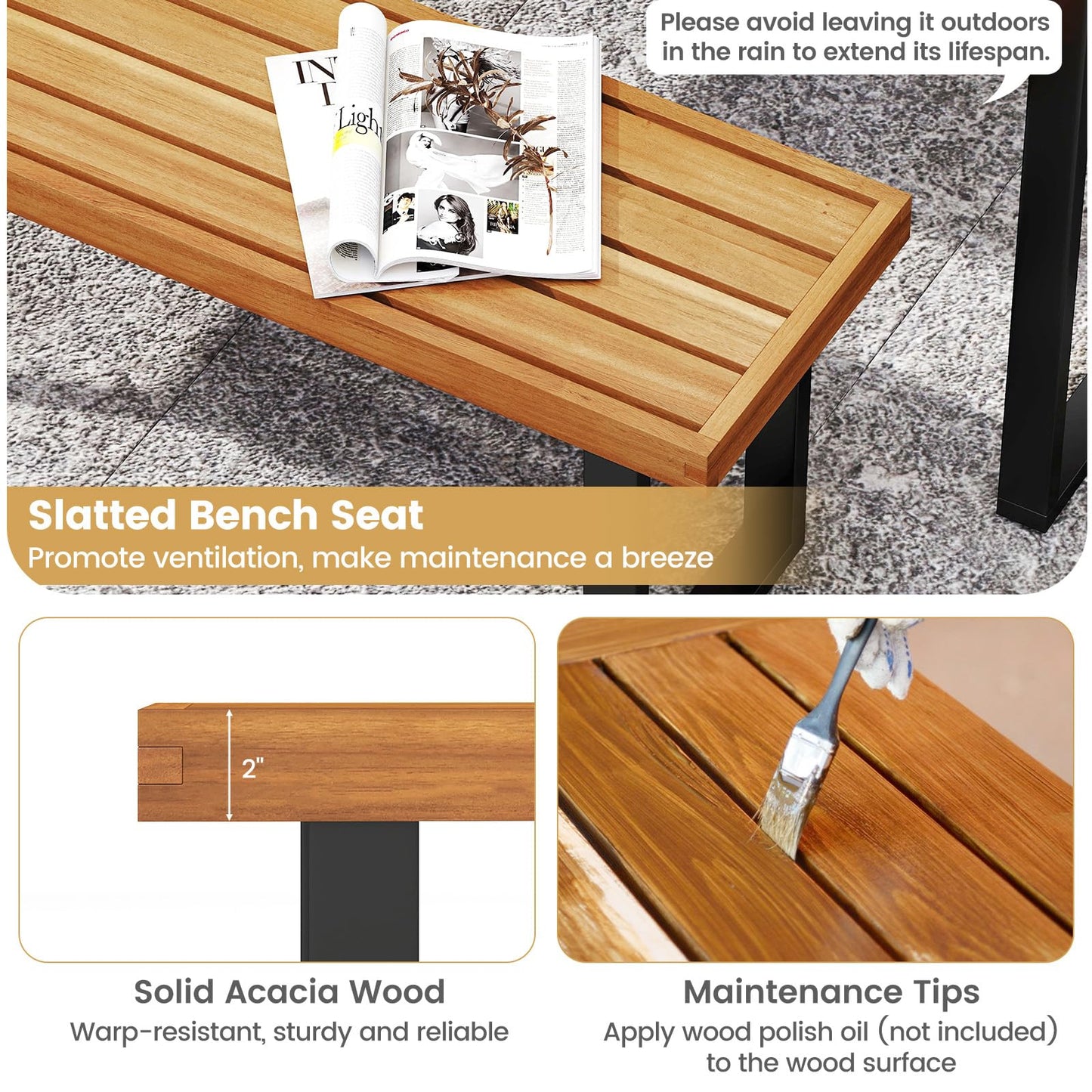 Tangkula 48" Long Patio Dining Bench with Metal Legs