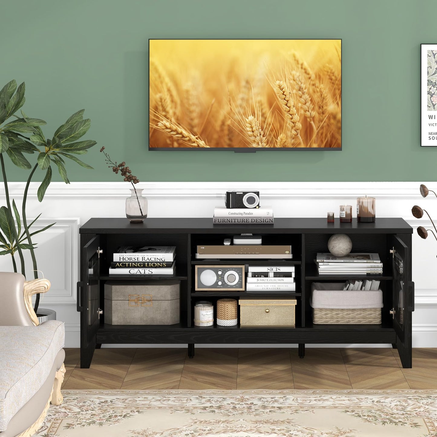 Tangkula Farmhouse TV Stand for TVs Up to 65-in, Classic Media Entertainment Center w/Glass Door Cabinets & 4 Adjustable Shelves