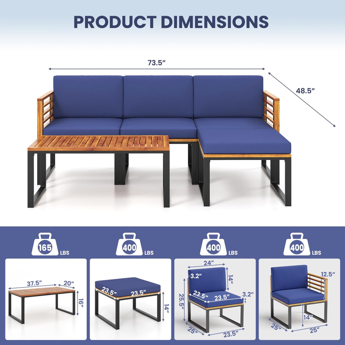 Tangkula 5 Pieces Patio Conversation Set, Acacia Wood Chair Set with Ottoman & Coffee Table