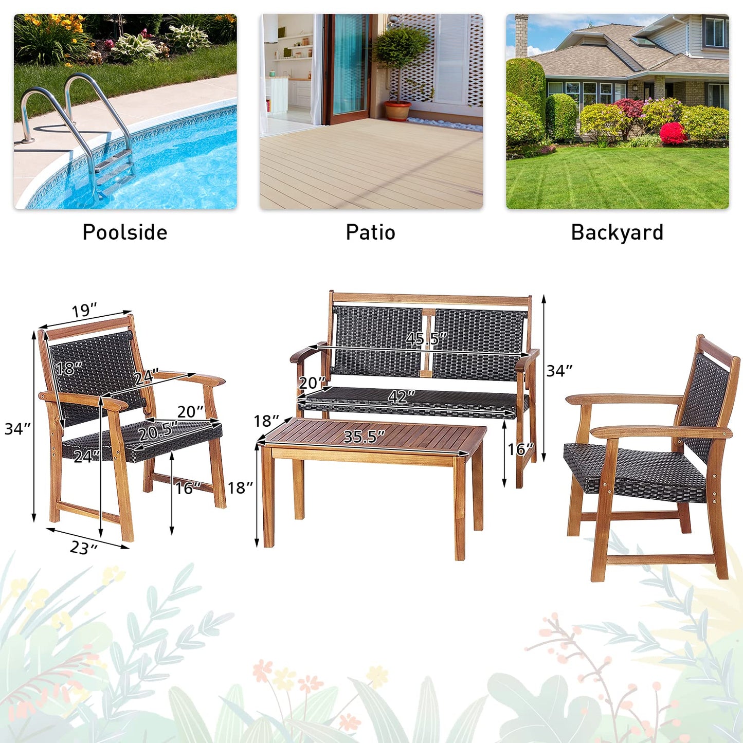 Tangkula 4 Pieces Patio Rattan Conversation Set with Acacia Wood Frame, Patiojoy Outdoor Furniture Set with Chairs & Coffee Table