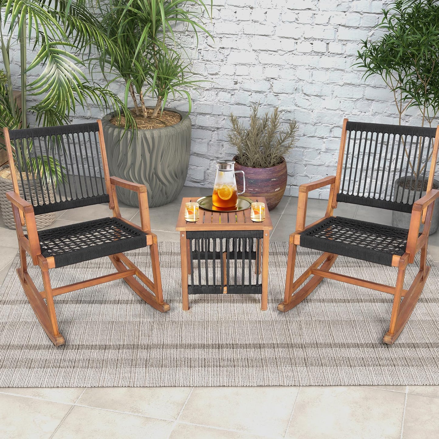 Tangkula 3 Pieces Acacia Wood Rocking Bistro Set, All-Weather Rope Woven Patio Furniture Set with Coffee Table