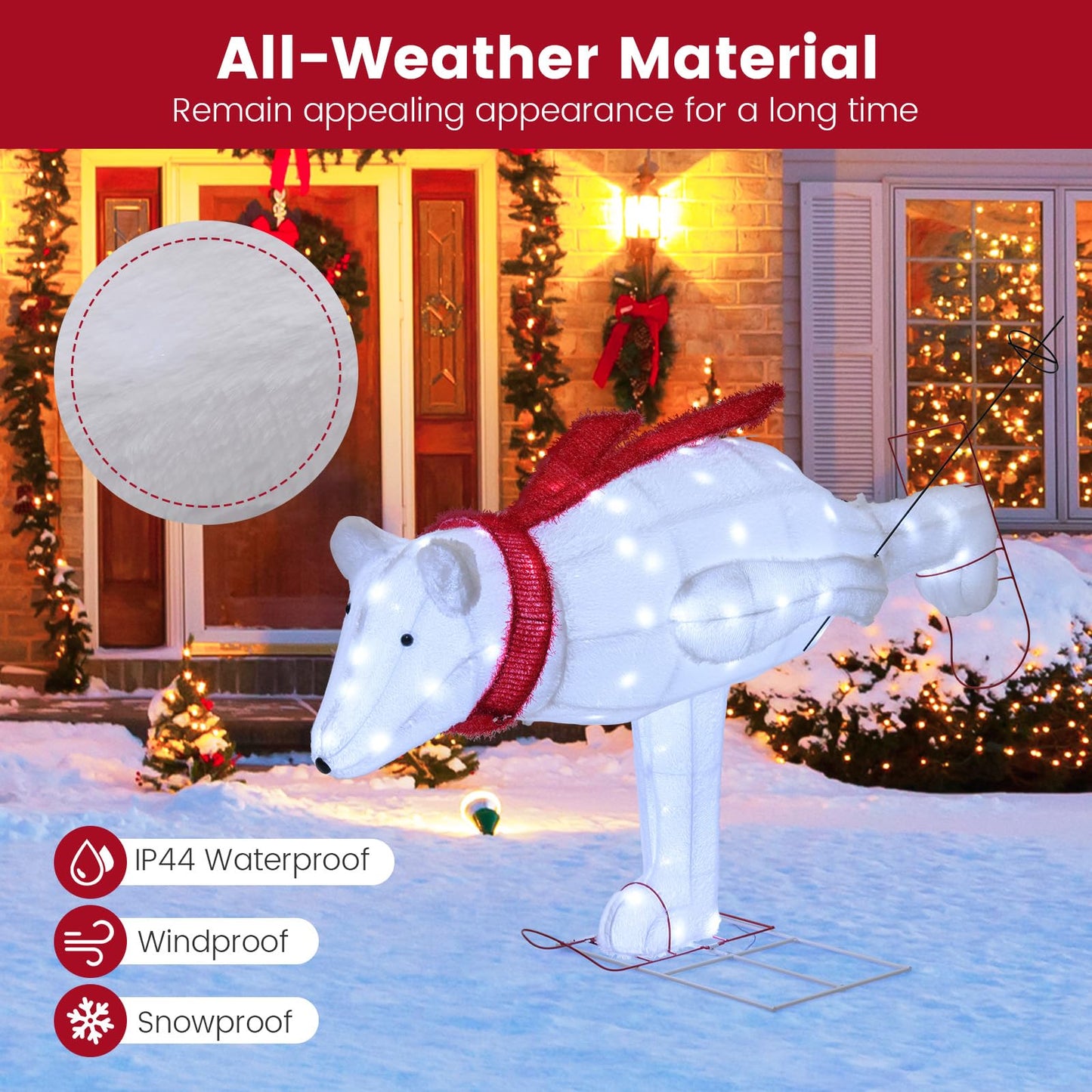 Tangkula 4.5 ft Christmas Skiing Polar Bear, Pre-Lit Xmas Bear Ornament w/ 80 LED Lights