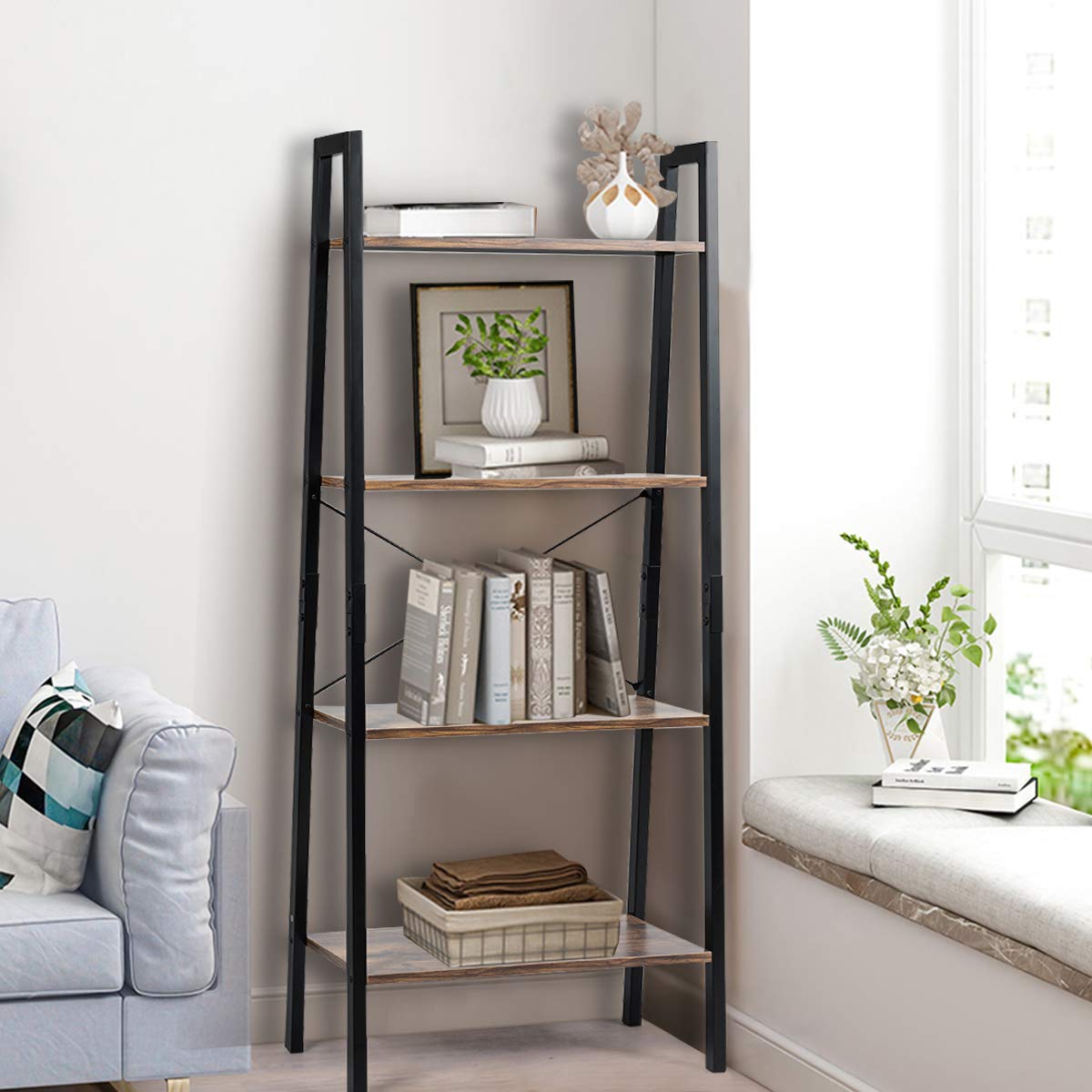 TANGKULA Industrial Ladder Shelf with Metal Frame