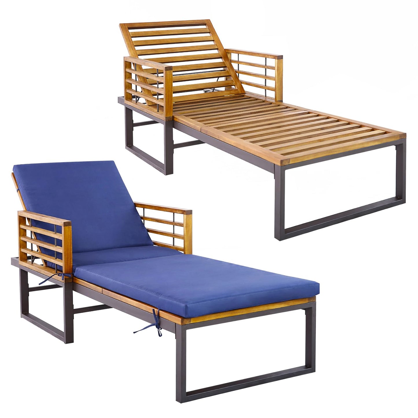 Tangkula Patio Chaise Lounge Chair with Cushion, Adjustable Reclining Pool Lounger with Acacia Wood and Metal Frame