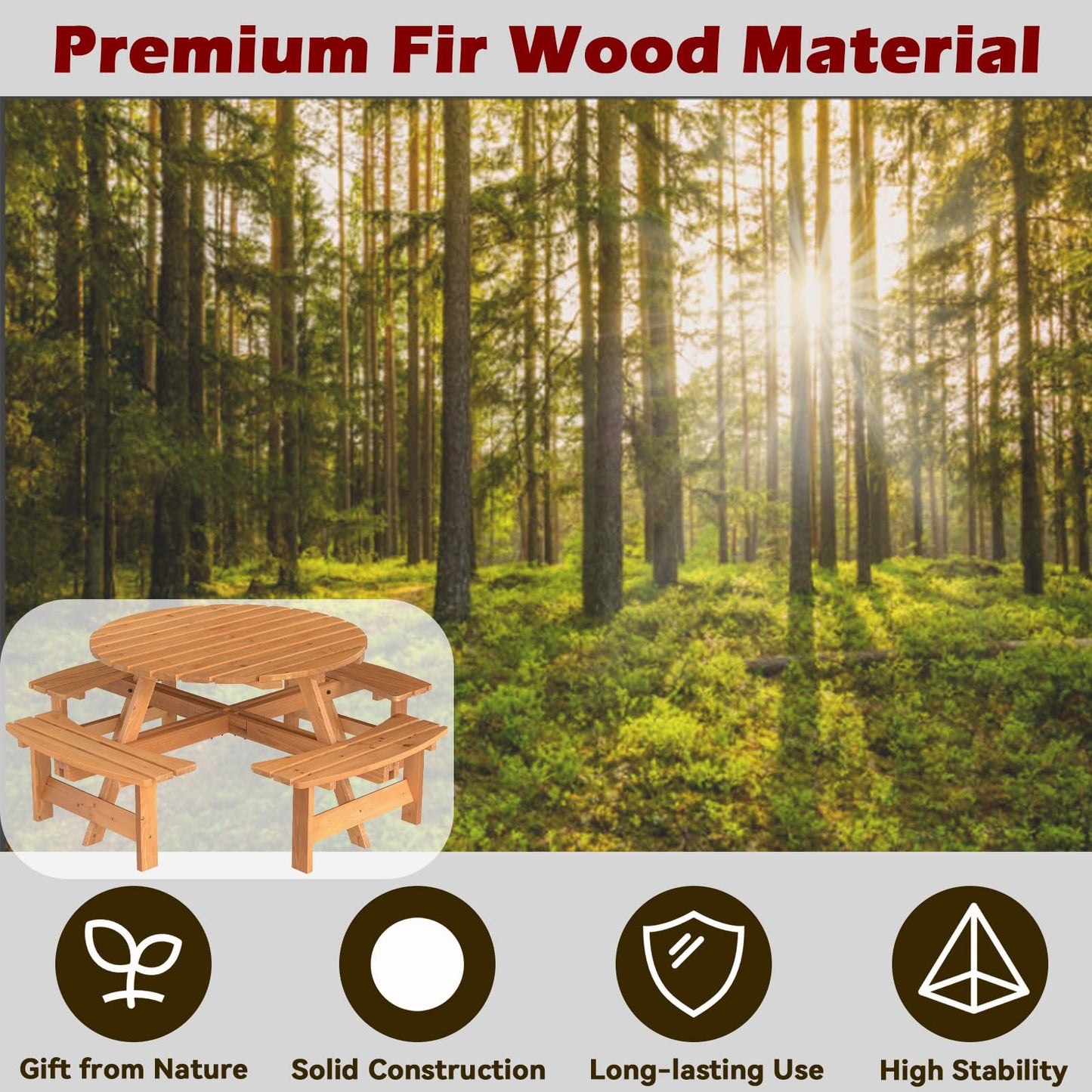 Tangkula 8-Person Wood Picnic Table Outdoor Round Table and Bench Set