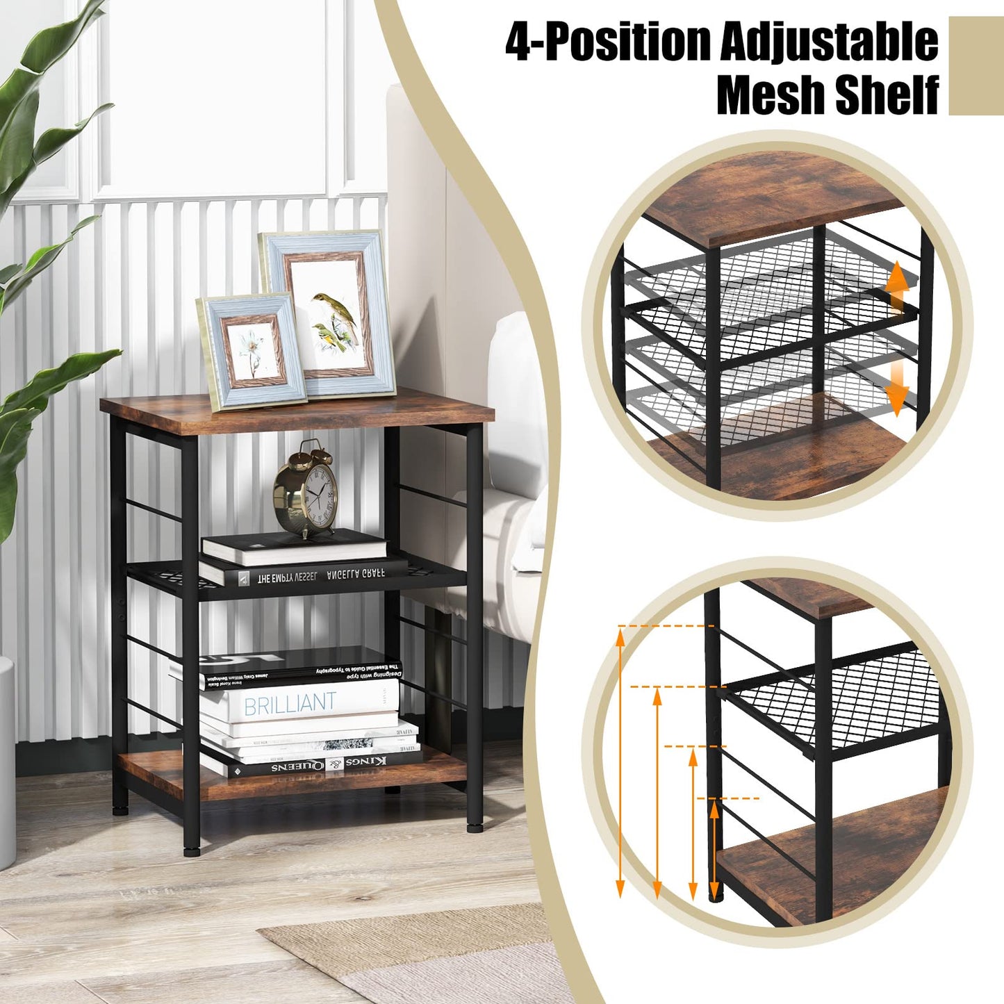 Tangkula Industrial End Table 3-Tier Side Table with Height Adjustable Metal Mesh Shelf