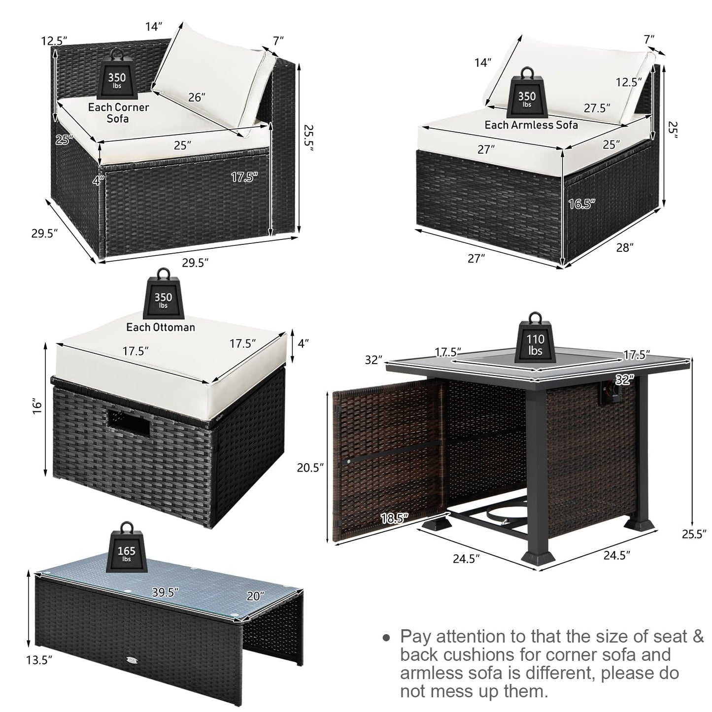 Tangkula 9 Pieces Patio Furniture Set with 32” Fire Pit Table, 50,000 BTU Square Propane Fire Pit