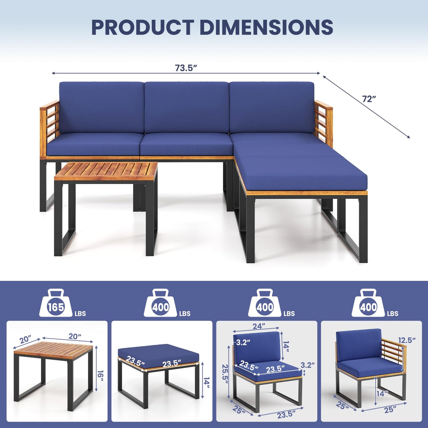 Tangkula 6 Piece Patio Conversation Sofa Set, Acacia Wood Chair Set with Ottomans & Coffee Table
