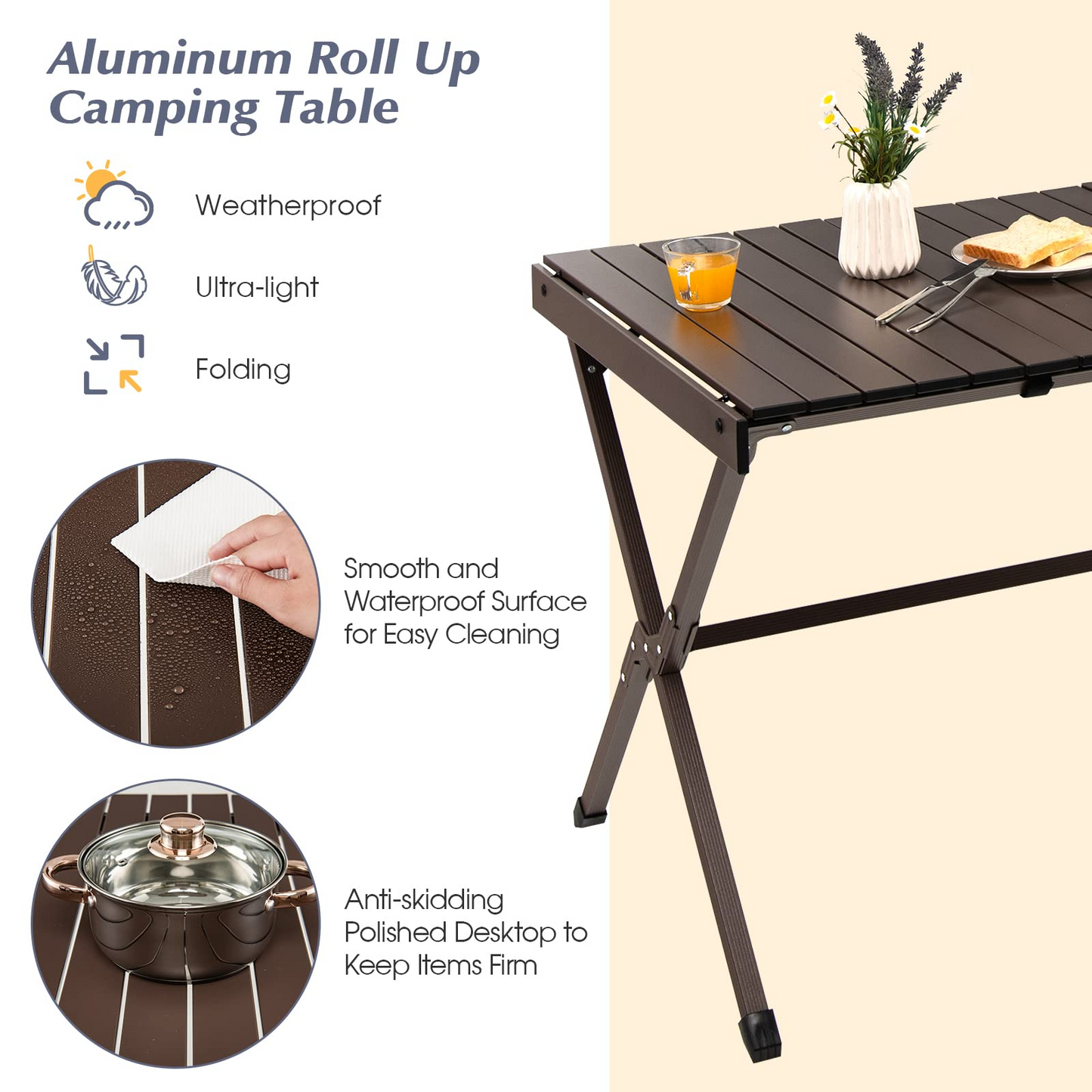 Tangkula 3.6ft Portable Picnic Table, 6 Person Heavy Duty Aluminum Roll Up Camping Table with Carry Bag