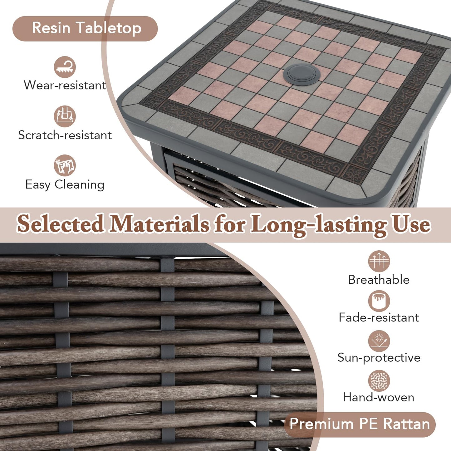 Tangkula 21.5 Inches Outdoor PE Rattan Side Table, All Weather Patio Square End Table with Resin Tabletop