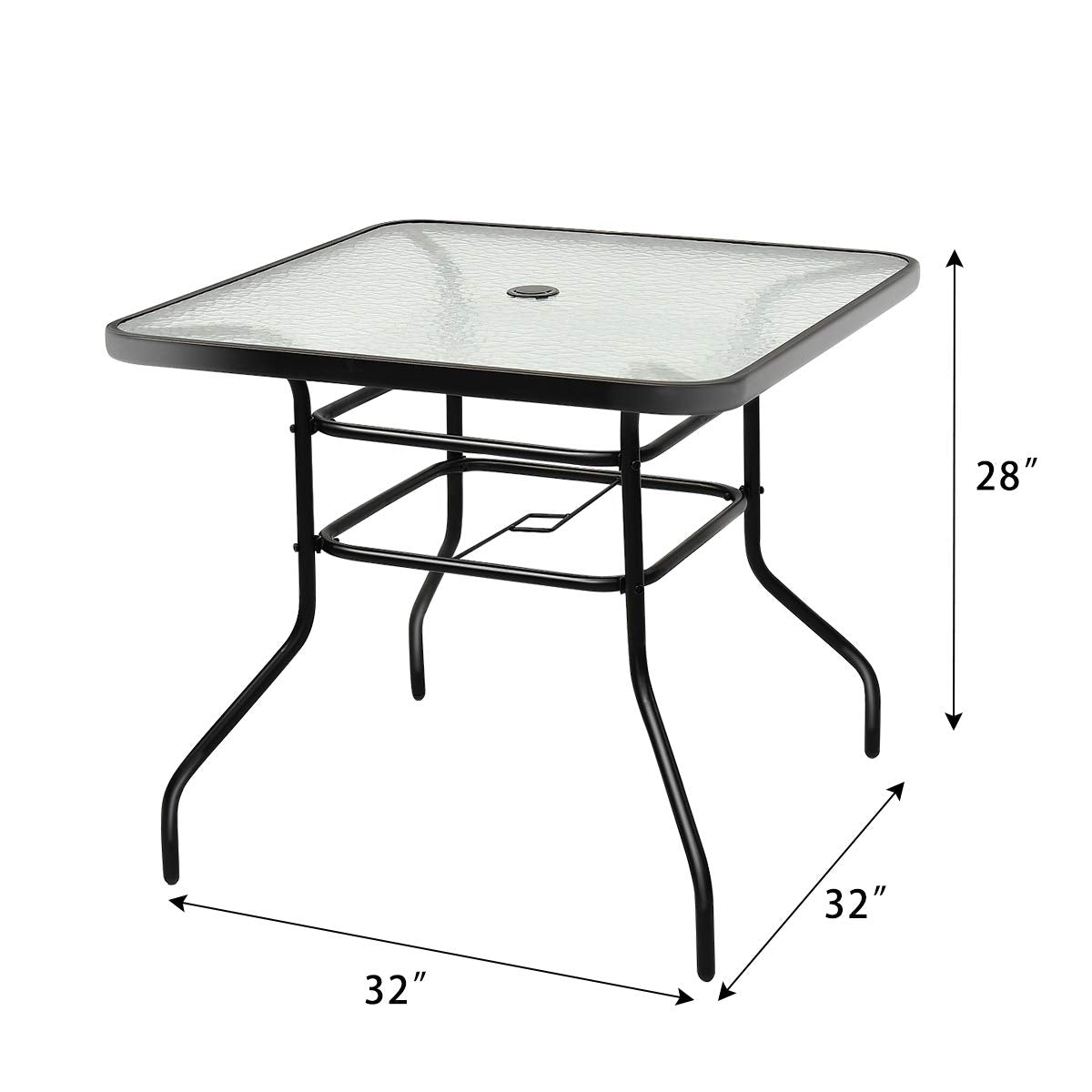 Table de salle à manger extérieure avec trou de parasol de 2 pouces, plateau en verre trempé de 32 pouces, table de patio carrée