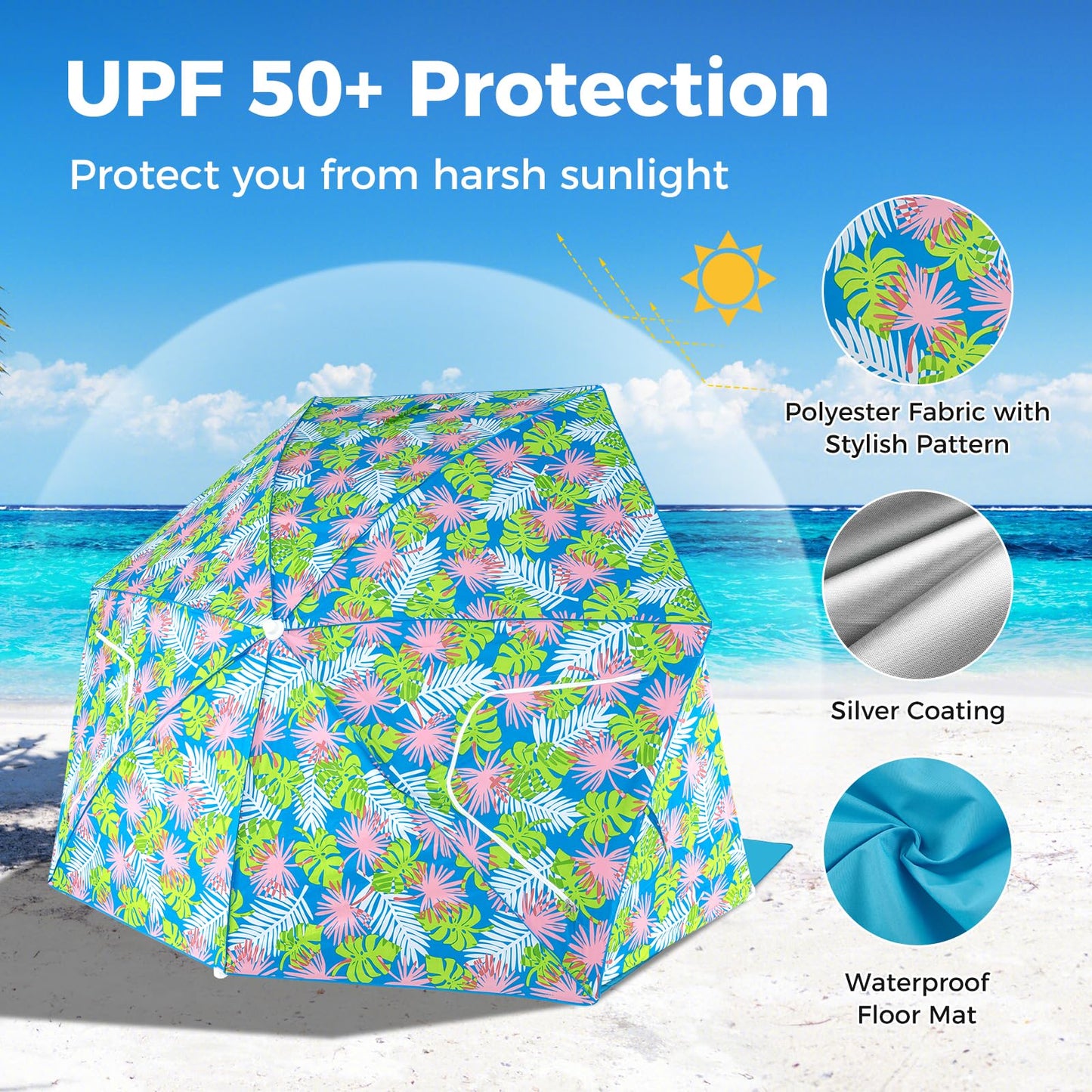 Tangkula Beach Tent for 2-4 People, 2-in-1 Beach Tent Sun Shelter with Extendable Floor