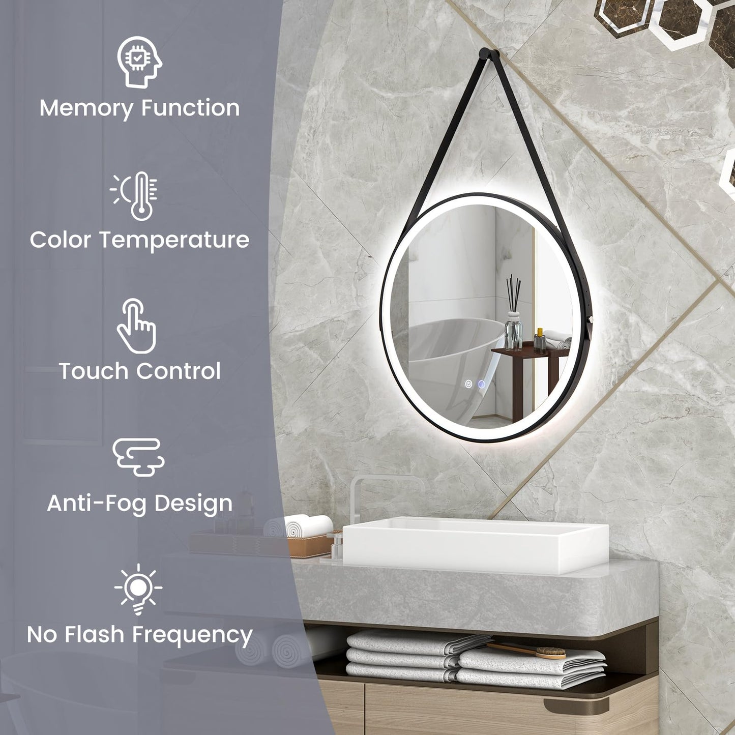 Tangkula 60CM Round LED Bathroom Mirror with Leather Strap