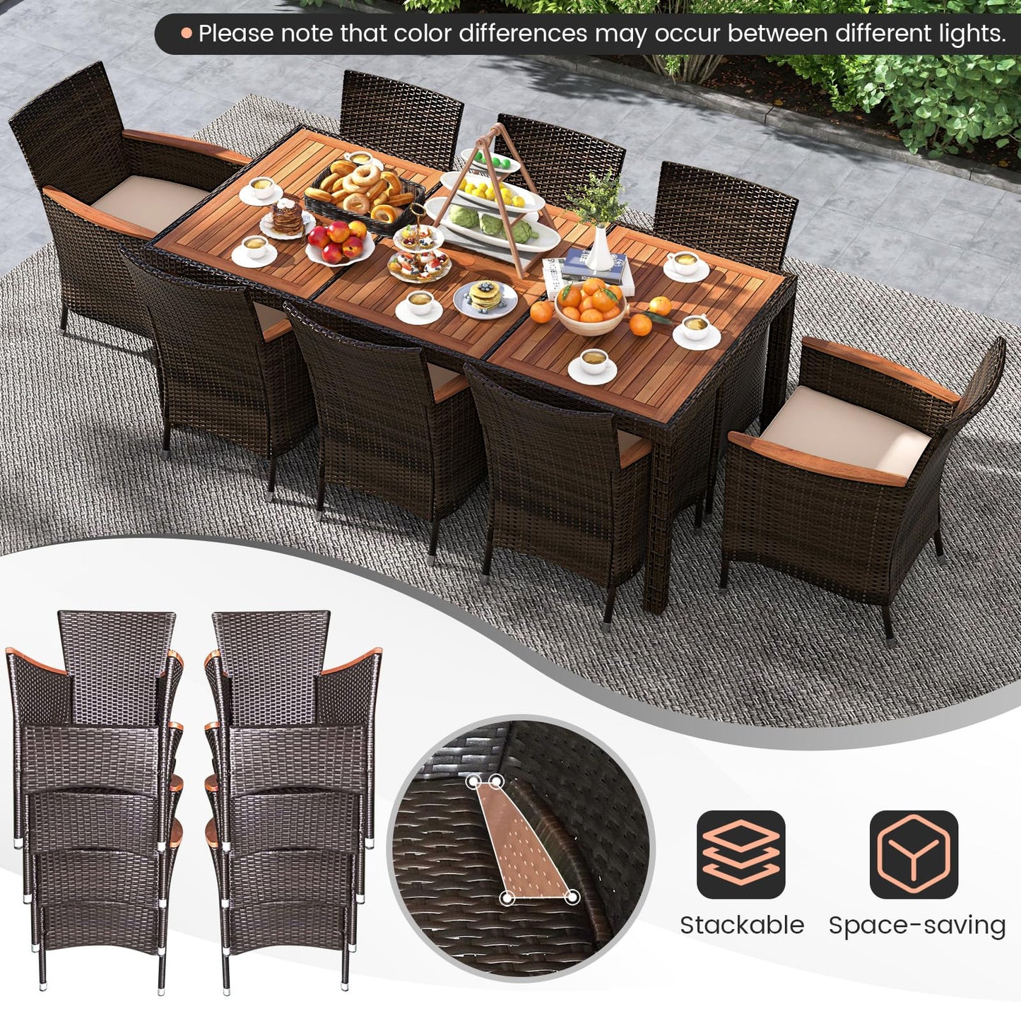 Tangkula 7 or 9 Piece Outdoor Dining Set, Patio Wicker Furniture Set with Acacia Wood Table Top w/Umbrella Hole