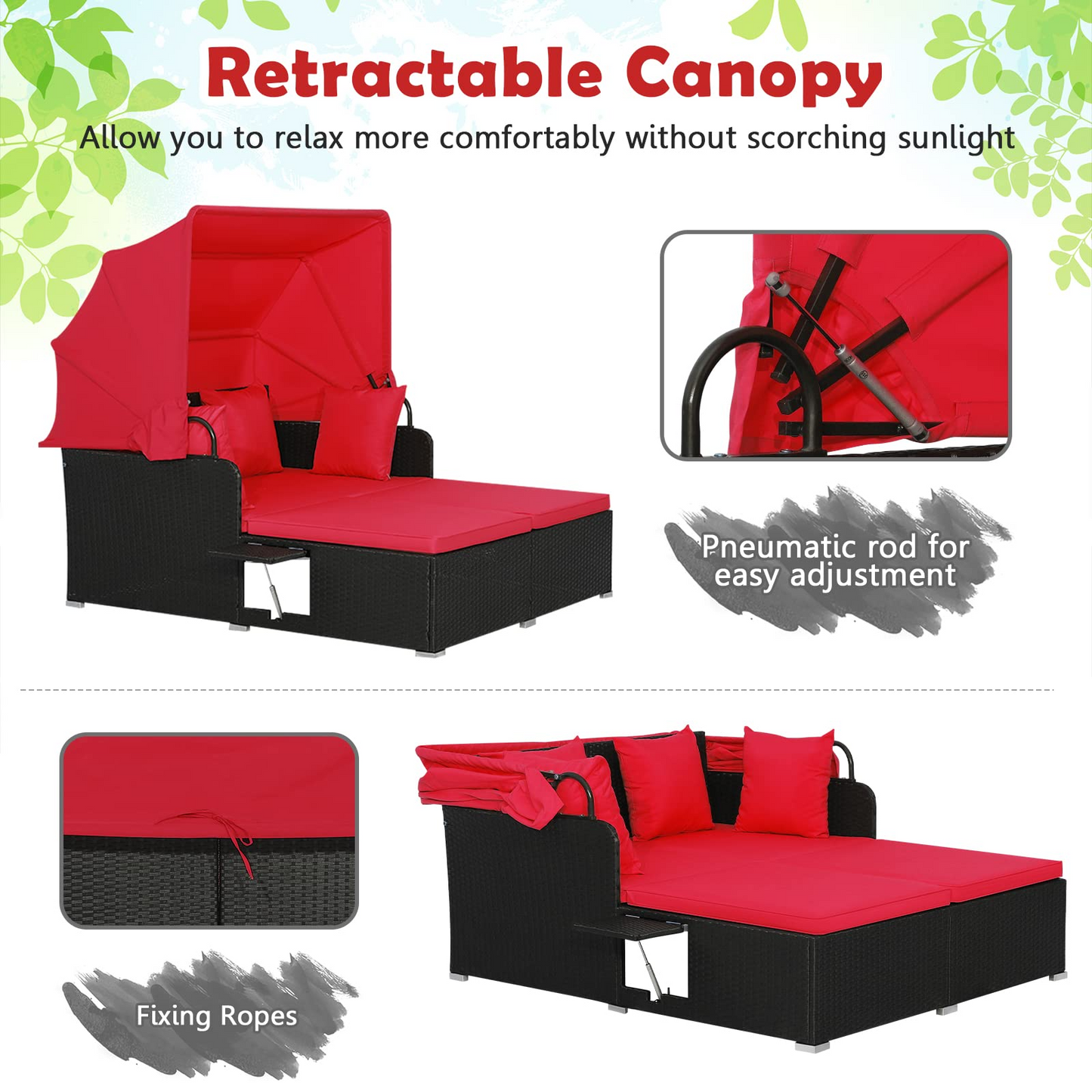Tangkula Patio Rattan Daybed, Patiojoy Wicker Daybed Loungerw/Retractable Canopy, 2 Foldable Side Panels