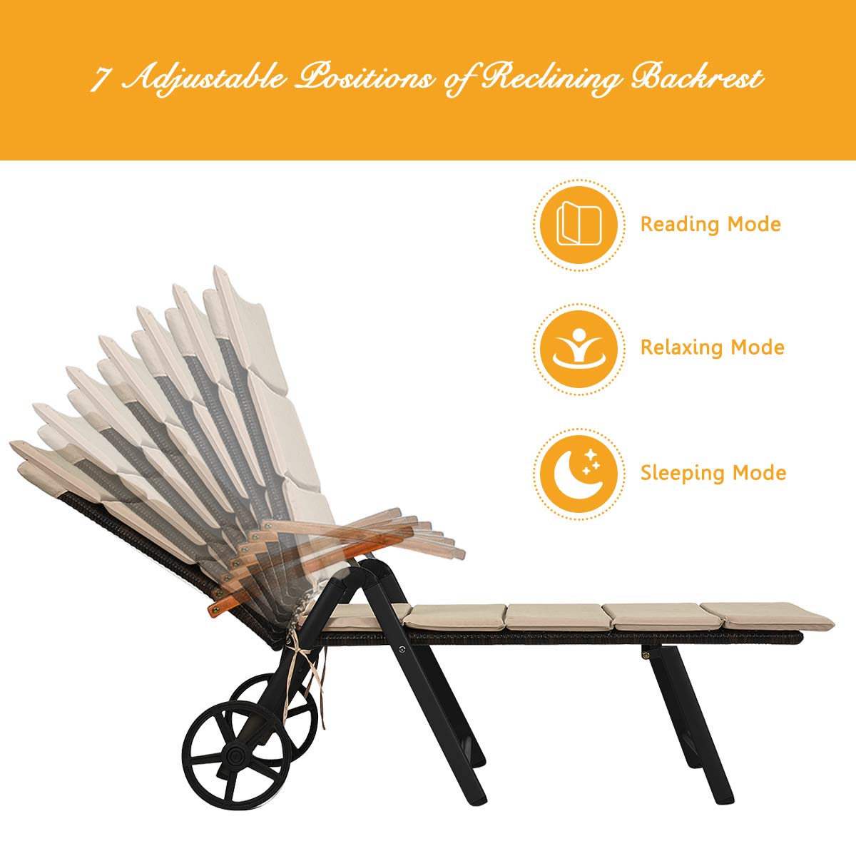 Tangkula Foldable Outdoor Chaise Lounger, Wicker Lounger Chair with Aluminum Black Frame, Wheels for Easy Moving