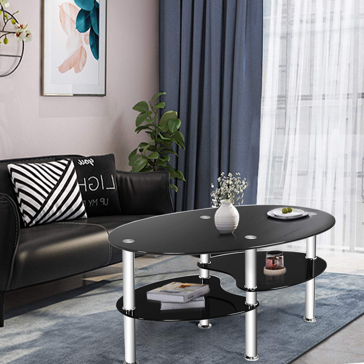 Tangkula Glass Coffee Table with 2 Tier Tempered Glass Boards