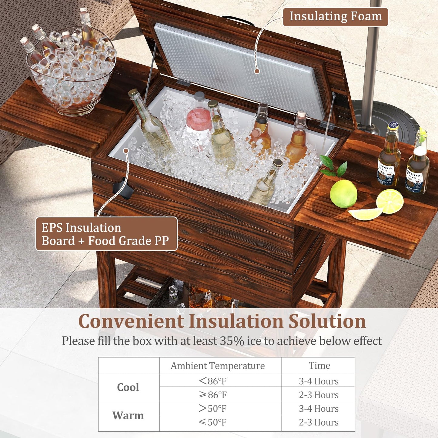 Tangkula Rolling Wooden Patio Cooler Cart(54 Quart)