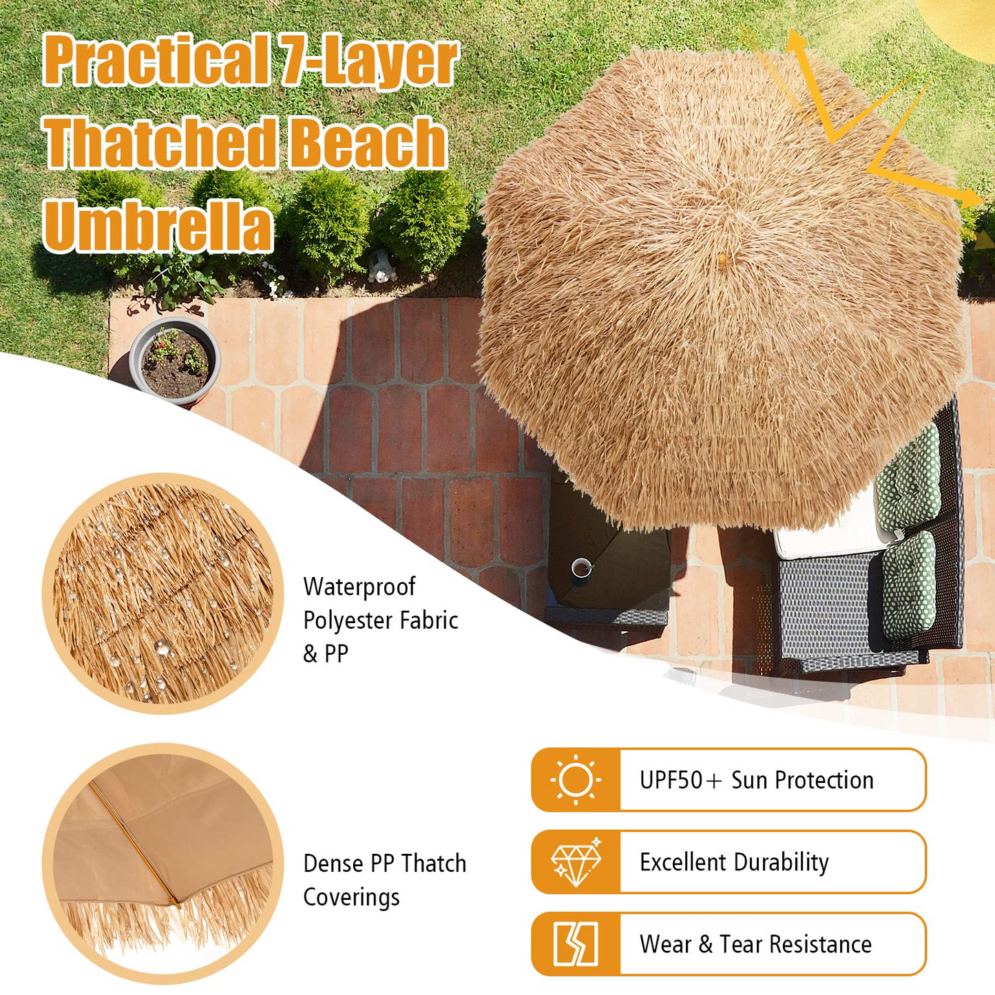 Tangkula 8 FT Thatched Patio Umbrella, Hawaiian Style Grass Beach Umbrella with 8 Ribs