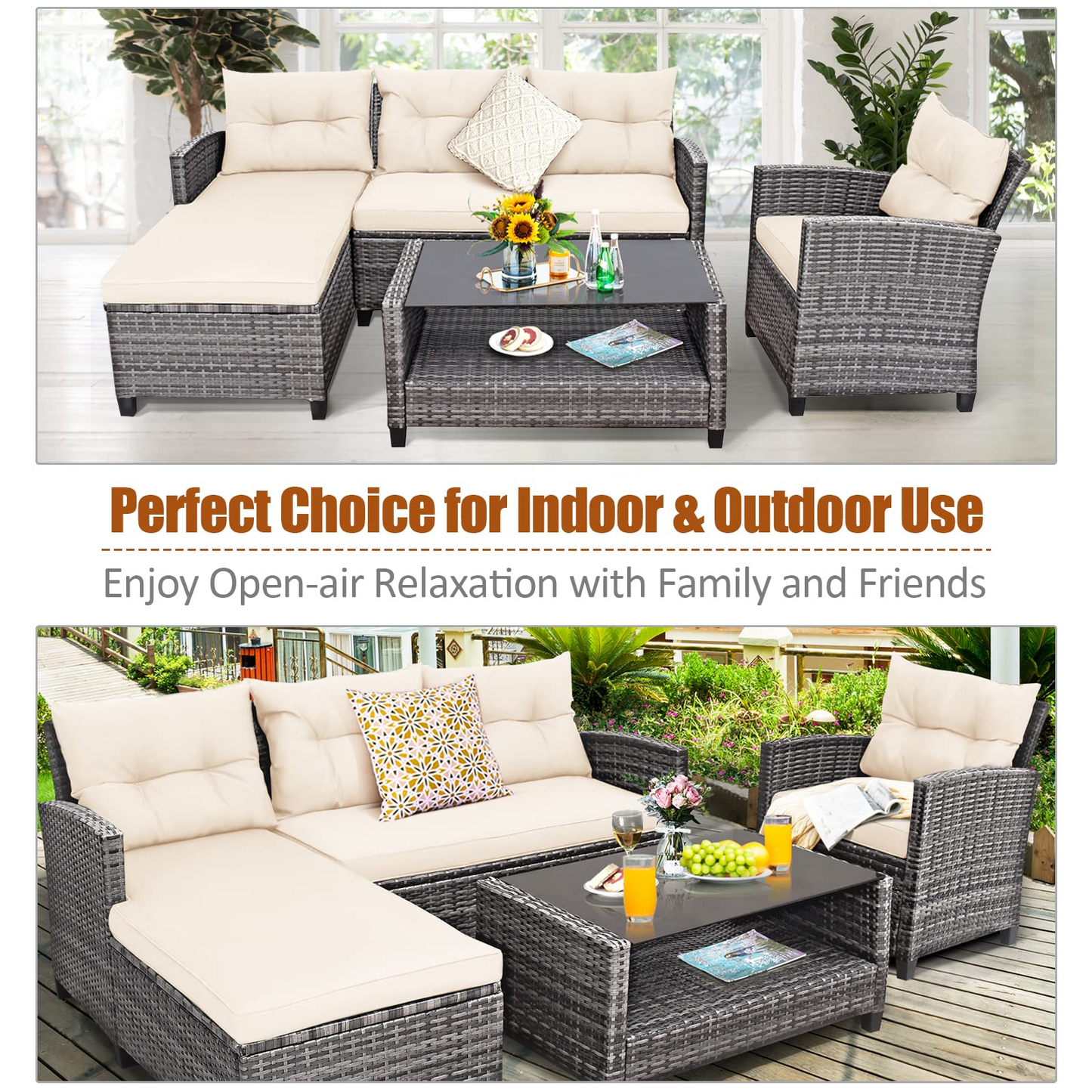 Tangkula 4 Pieces Rattan Conversation Set, Patiojoy Outdoor Furniture Set with Cushions, Lounge Sofa Set with Coffee Table