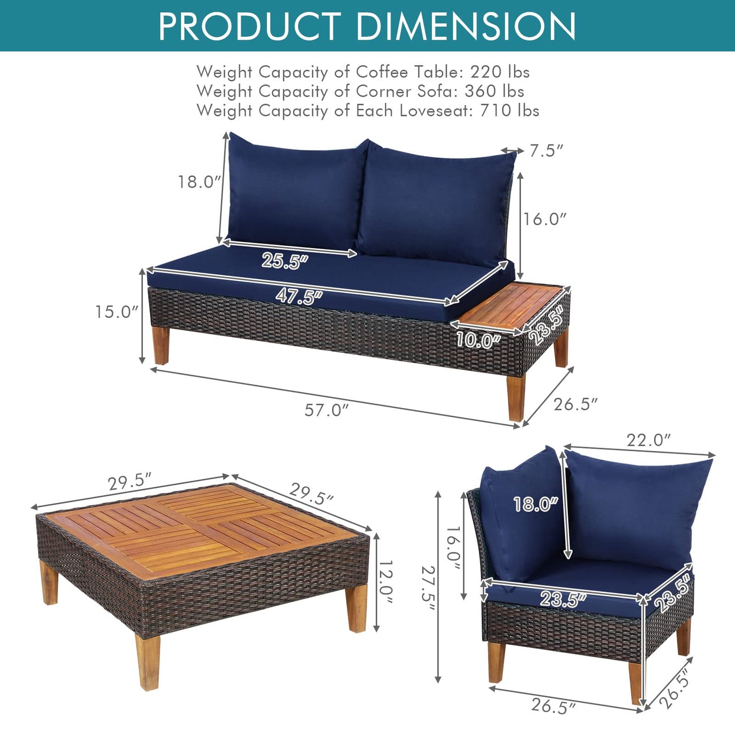 4 Pieces Acacia Wood Patio Conversation Set, Sofa Set with Coffee Table, Corner Sofa & 2 Loveseats