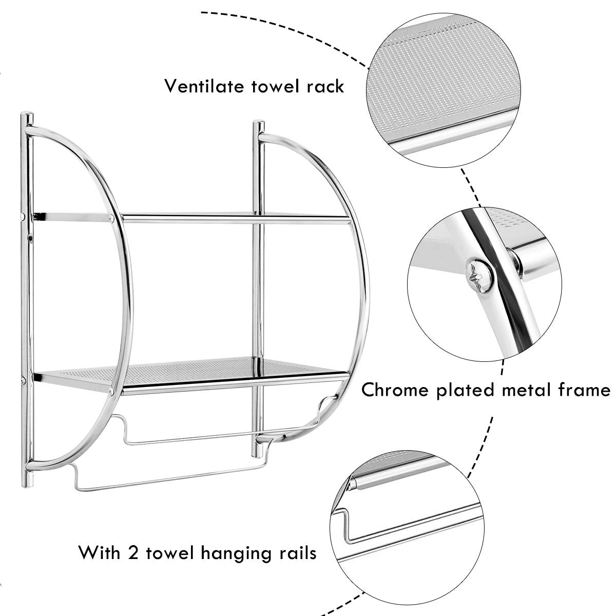 Tangkula Wall Mount 2 Tier Bathroom Shelf with Towel Bars, 18"W X 10"D X 22"H