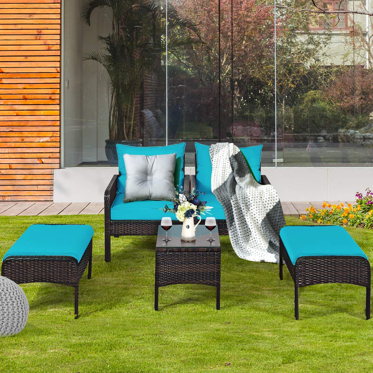 Tangkula Wicker Furniture Set 5 Pieces PE Wicker Rattan Outdoor All Weather Cushioned Sofas