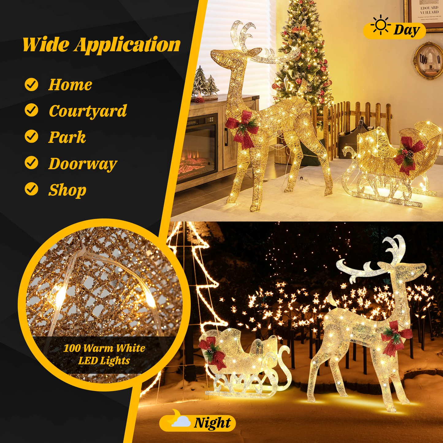 Tangkula 4.7 FT Lighted Christmas Reindeer & Sleigh, Xmas Lighted Outdoor Decoration with 100 Warm Lights