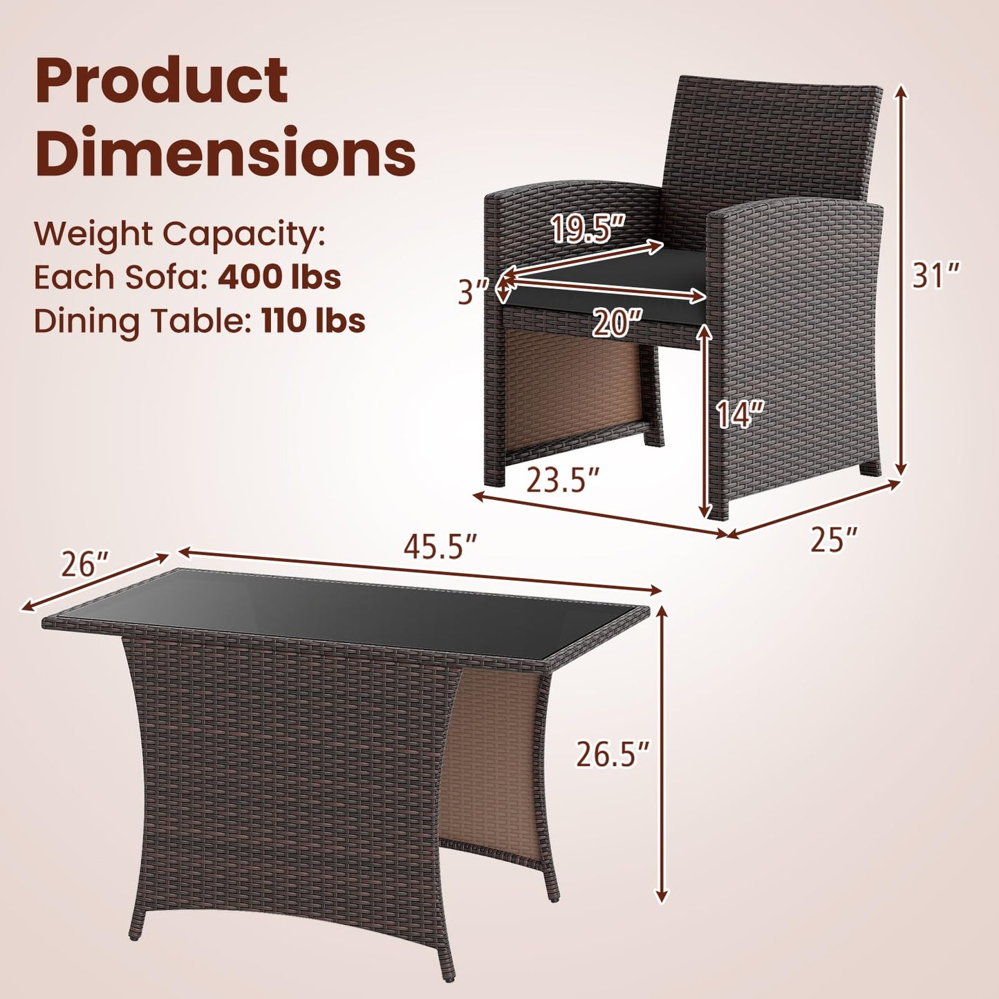 Tangkula 3 Piece Patio Wicker Dining Set