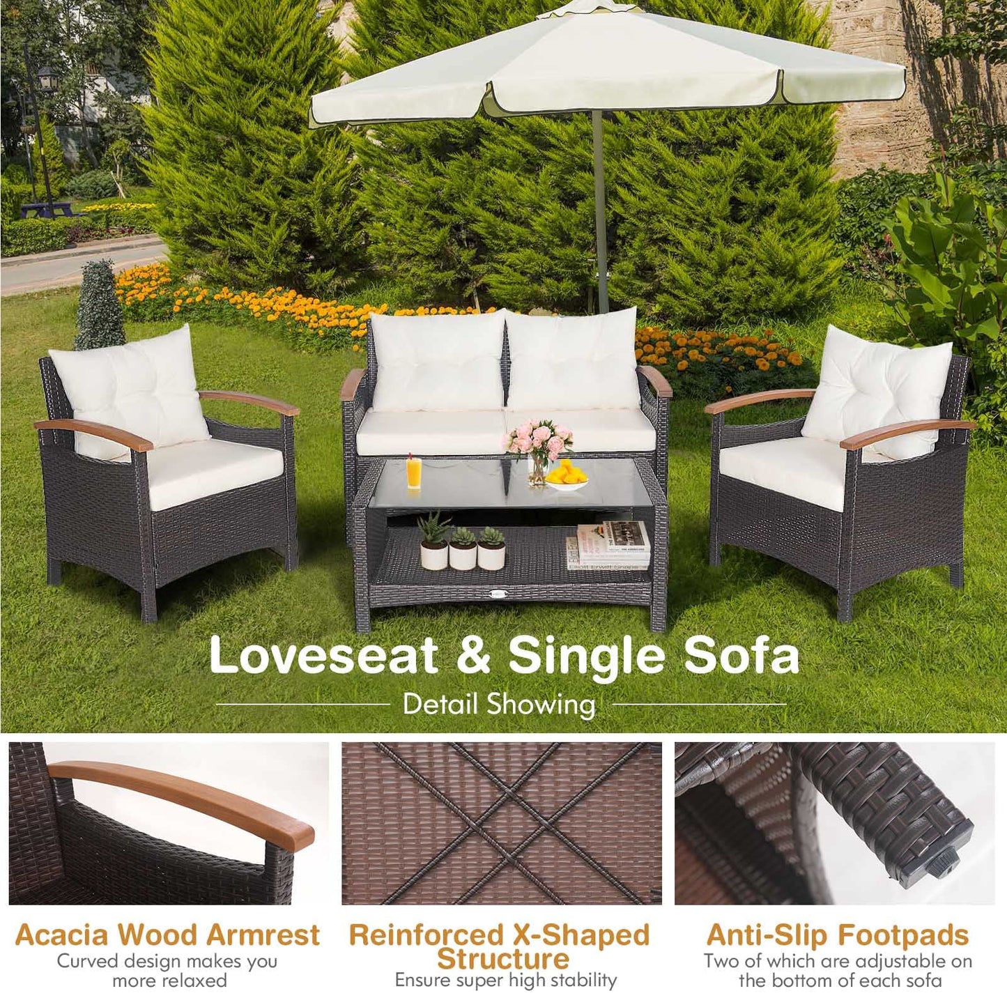 4 Piece Patio Rattan Conversation Set, Outdoor Wicker Sofa Set W/2-Layer Coffee Table