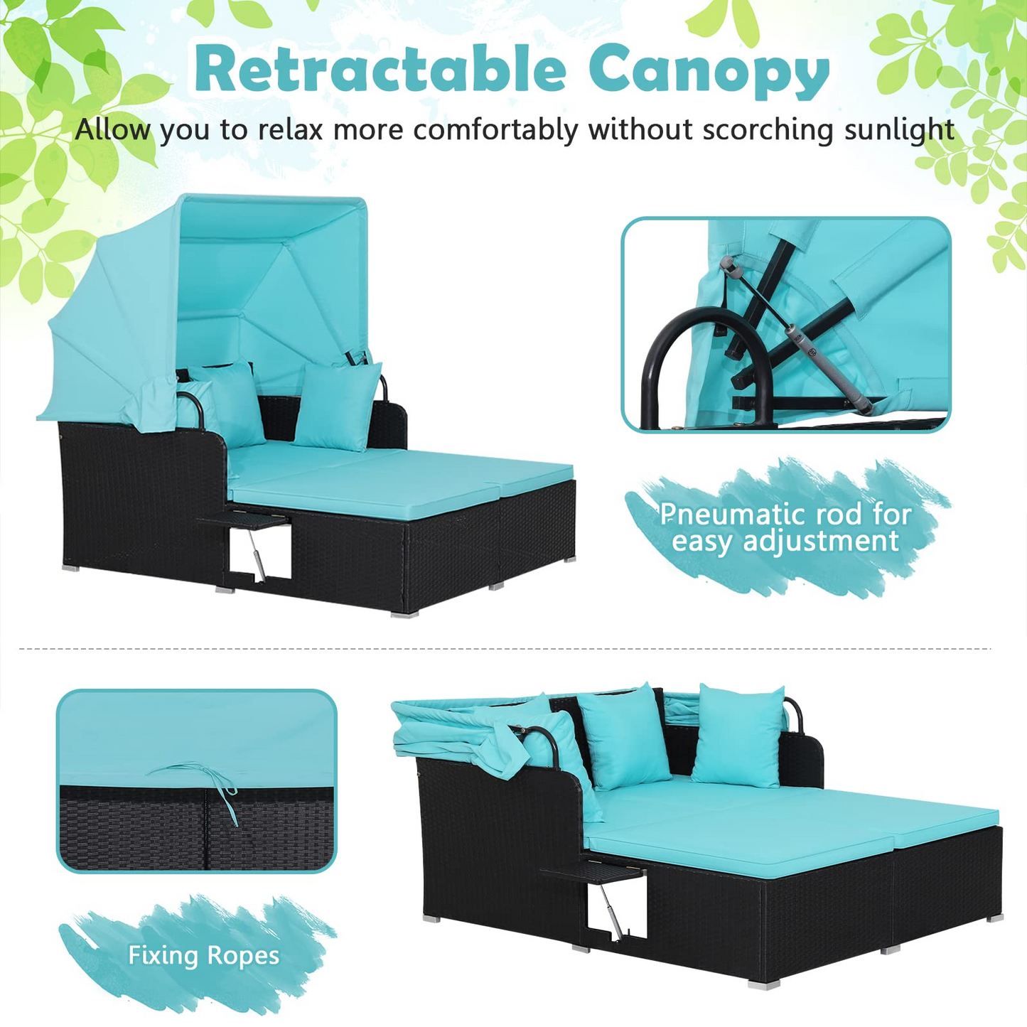 Tangkula Patio Rattan Daybed, Patiojoy Wicker Daybed Loungerw/Retractable Canopy, 2 Foldable Side Panels