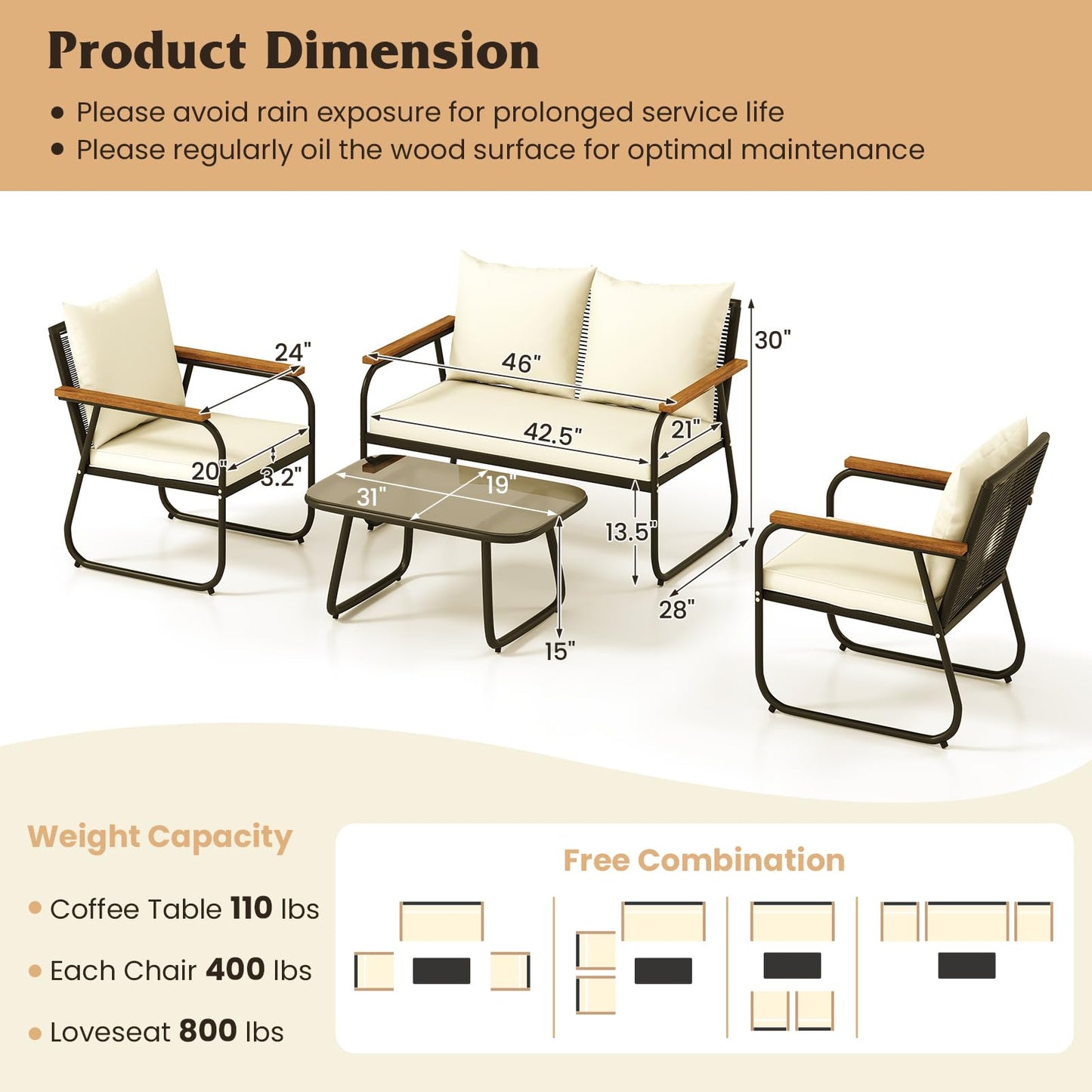 Tangkula Wicker Patio Furniture Set Outdoor Conversation Set with Tempered Glass Coffee Table