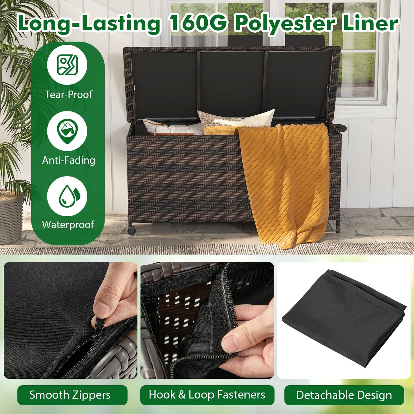 Tangkula Tightly-Woven Rattan Deck Box, Patiojoy Storage Cabinet Container with Polyester Liner, 85 Gallon Indoor Outdoor Storage Bo