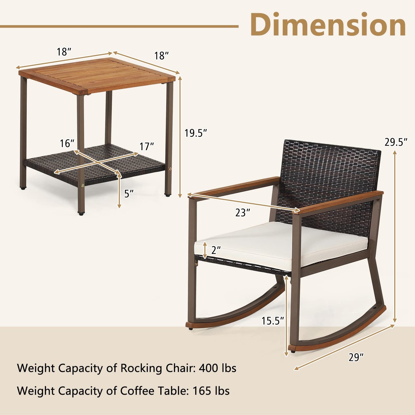 Tangkula 3 Pieces Rocking Bistro Set, Outdoor Rocker Chair with Coffee Table & Cushions