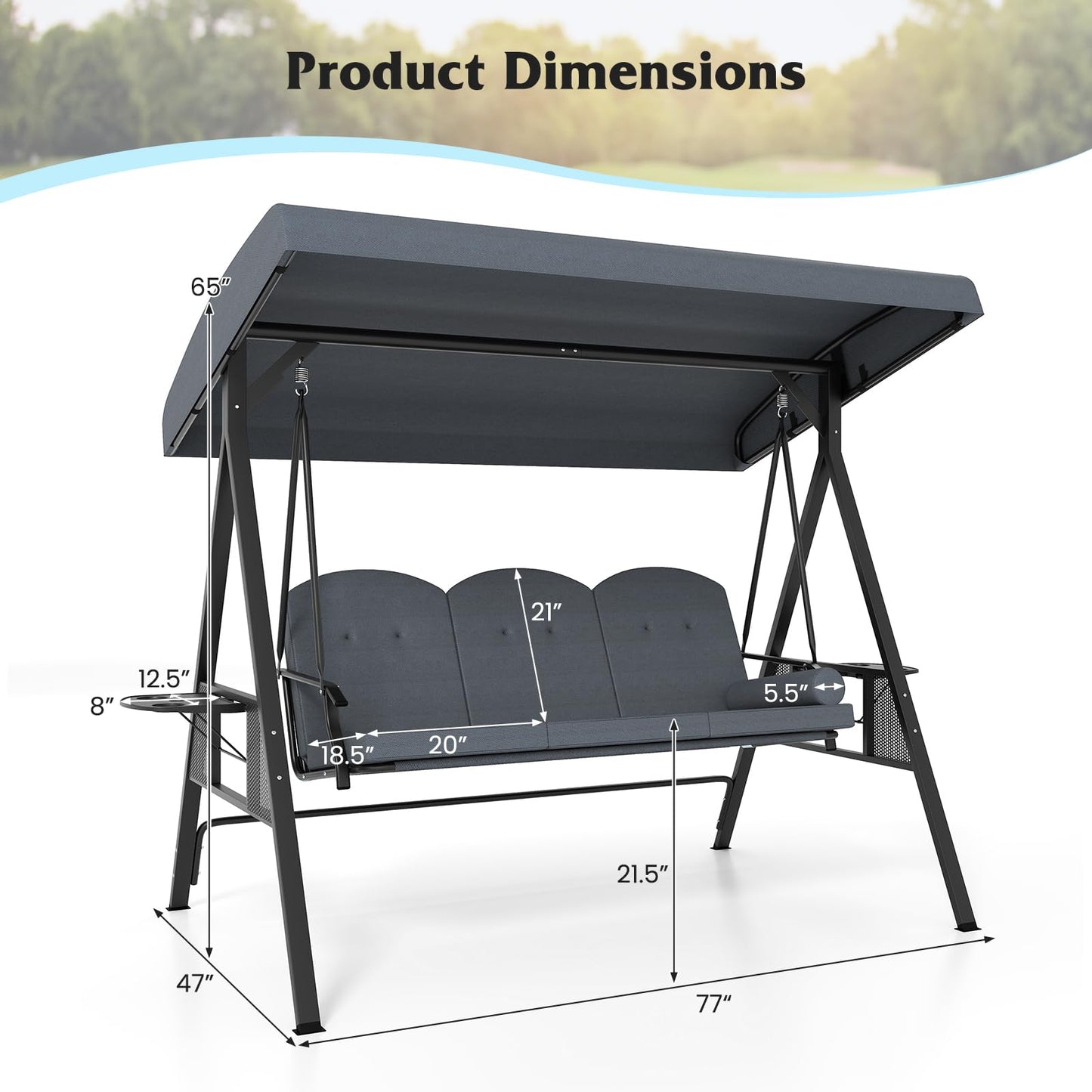 Tangkula 3 Person Porch Swing Outdoor Swing with Adjustable Canopy