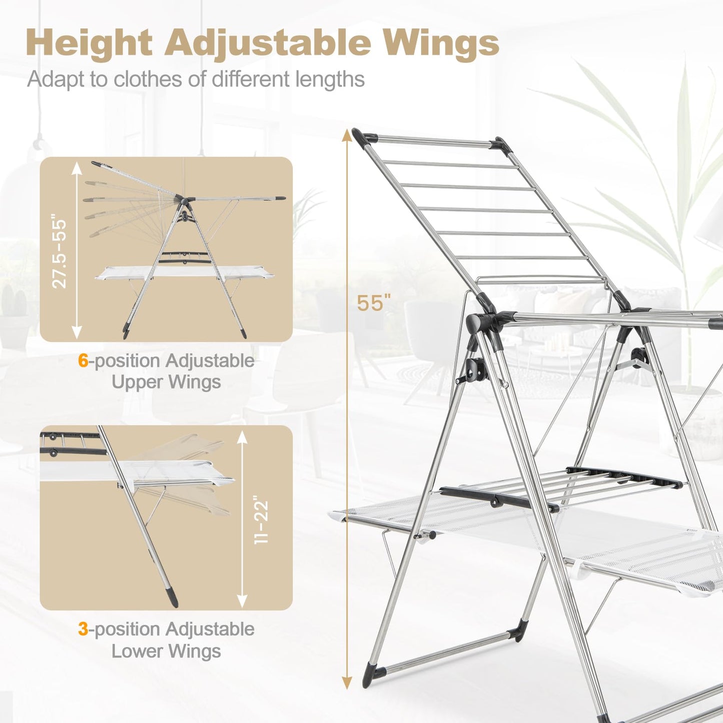 Tangkula Foldable Clothes Drying Rack, 2-Tier Laundry Drying Rack w/Tall Hanging Bar