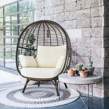 Tangkula Oversized Wicker Egg Chair, Wicker Patio Basket Circle Lounge Chair w/Metal Stand & 4 Thick Cushions, 450 LBS Max Load