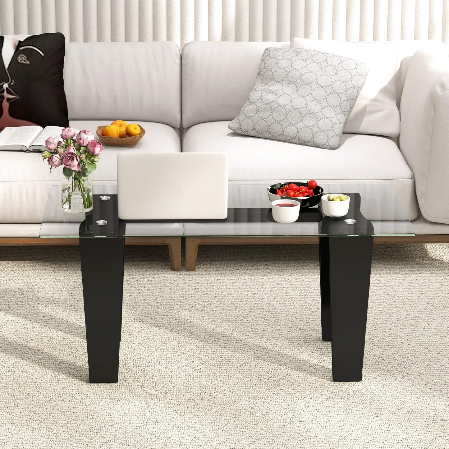 Tangkula Glass Coffee Table, 39.5 Inch Modern Rectangular Center Table with Solid Rubber Wood Leg(Rectangular, Black)