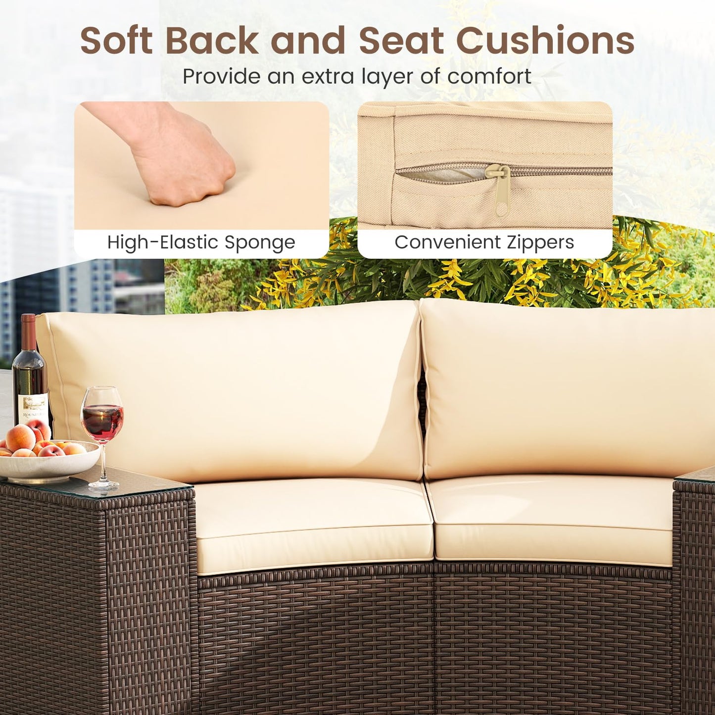 Tangkula 5 Pieces Patio Furniture Set Rattan Half-Moon Curved Sectional Cushioned Sofas