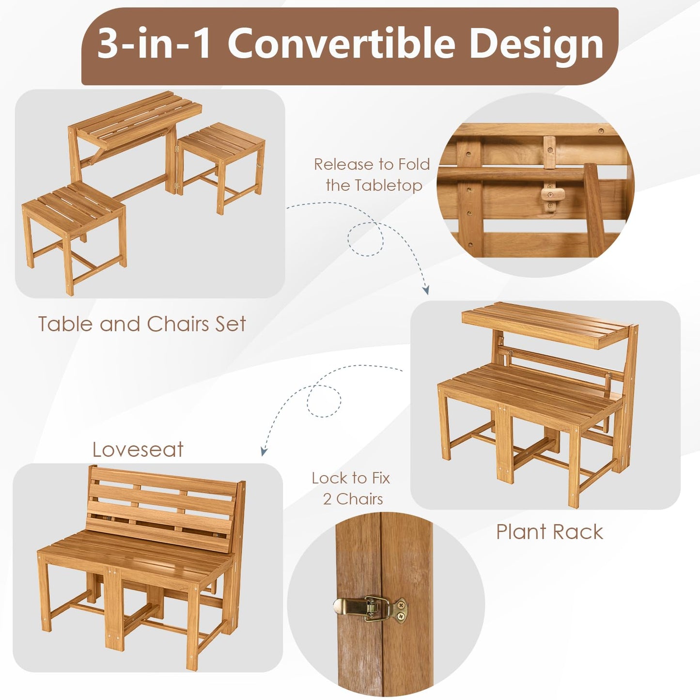 Tangkula 3 in 1 Outdoor Acacia Wood Loveseat Bench Furniture