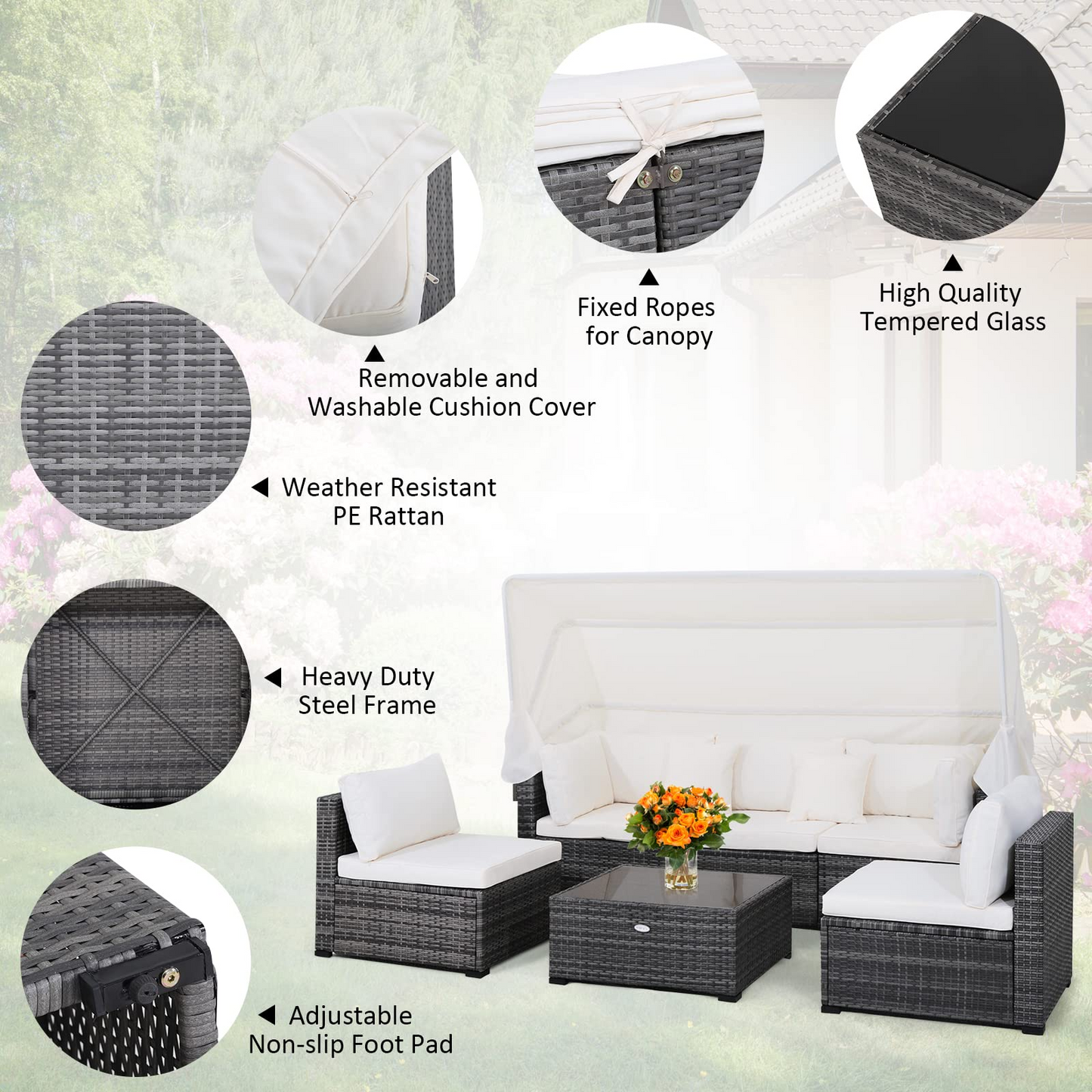 6-Piece Patio Furniture Set w/Retractable Canopy, Outdoor Conversation Set