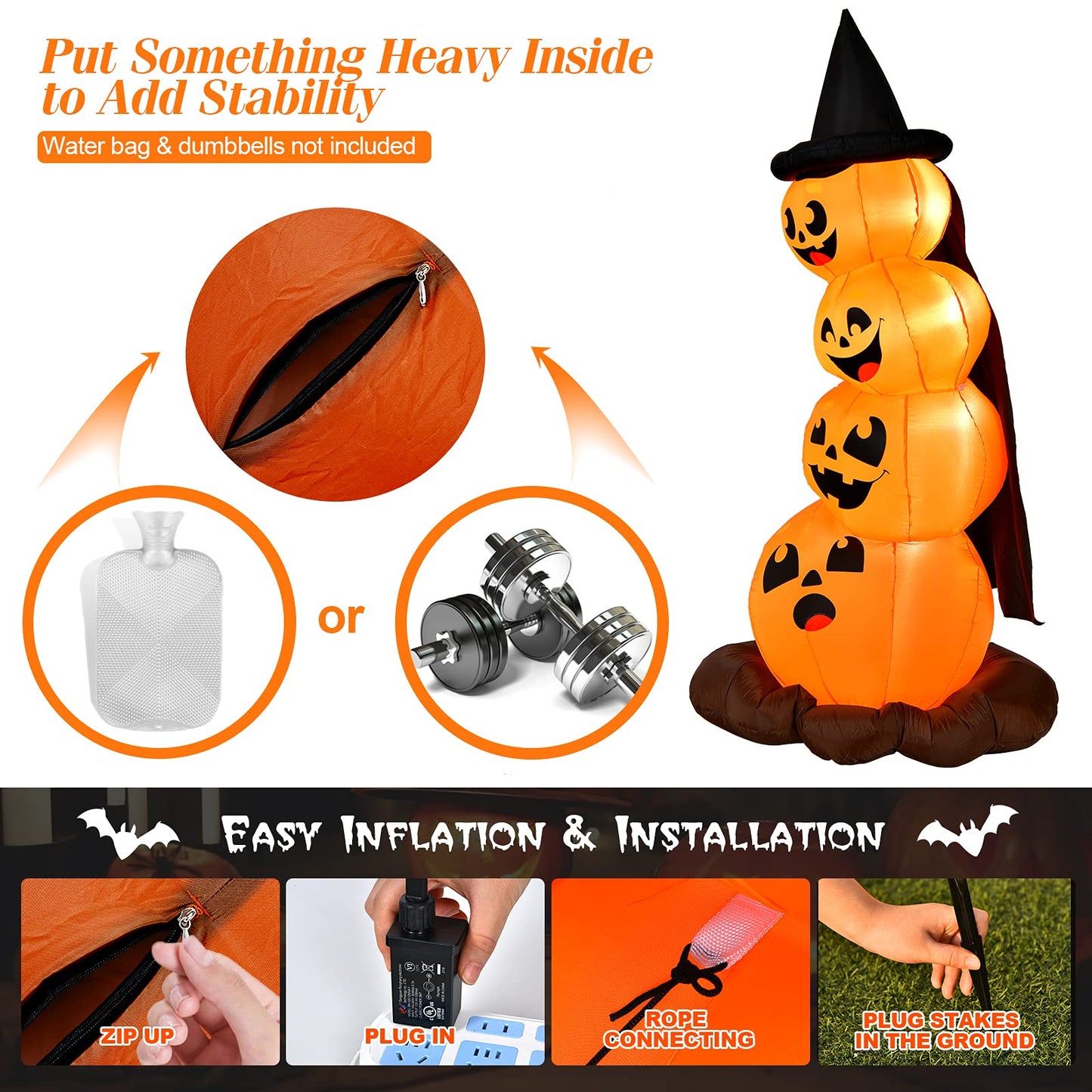 7 Ft Halloween Inflatable Stacked Pumpkins with Build-in LED Lights & Blower
