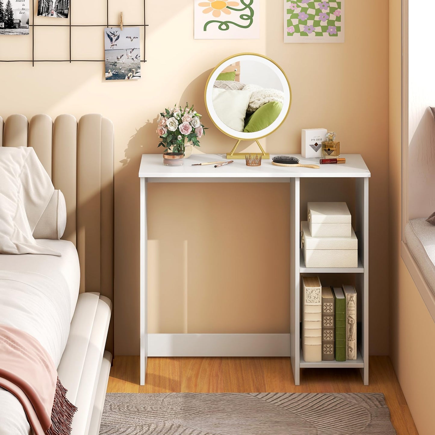 Tangkula Small White Desk with Shelves, Compact Small Desk for Small Space