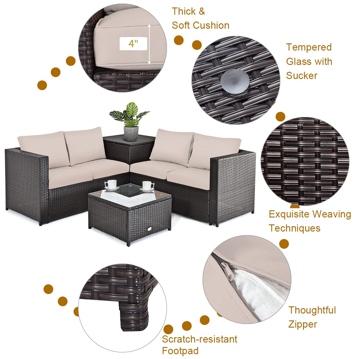 Tangkula 5-Piece Patio Furniture Set with 42 Inches Propane Fire Pit Table, Outdoor Wicker Conversation Set with Cushions