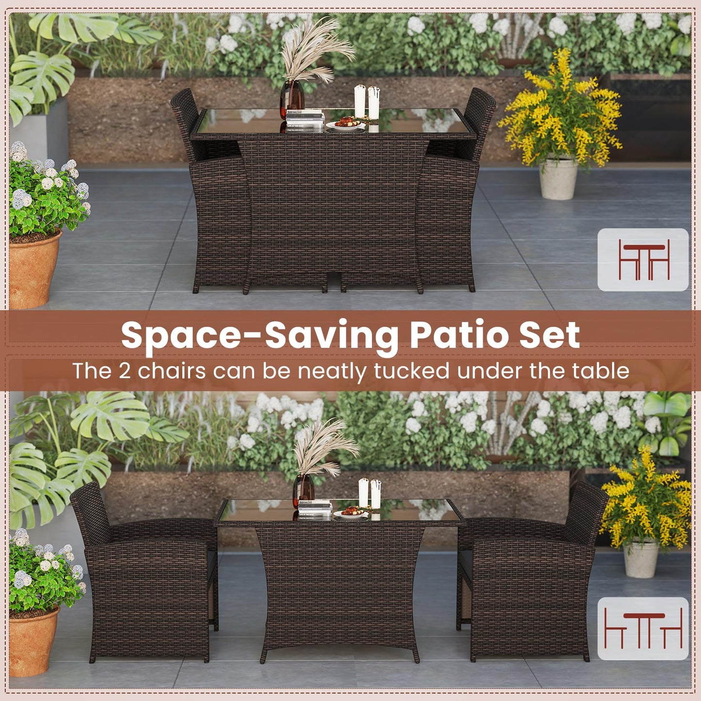 Tangkula 3 Piece Patio Wicker Dining Set