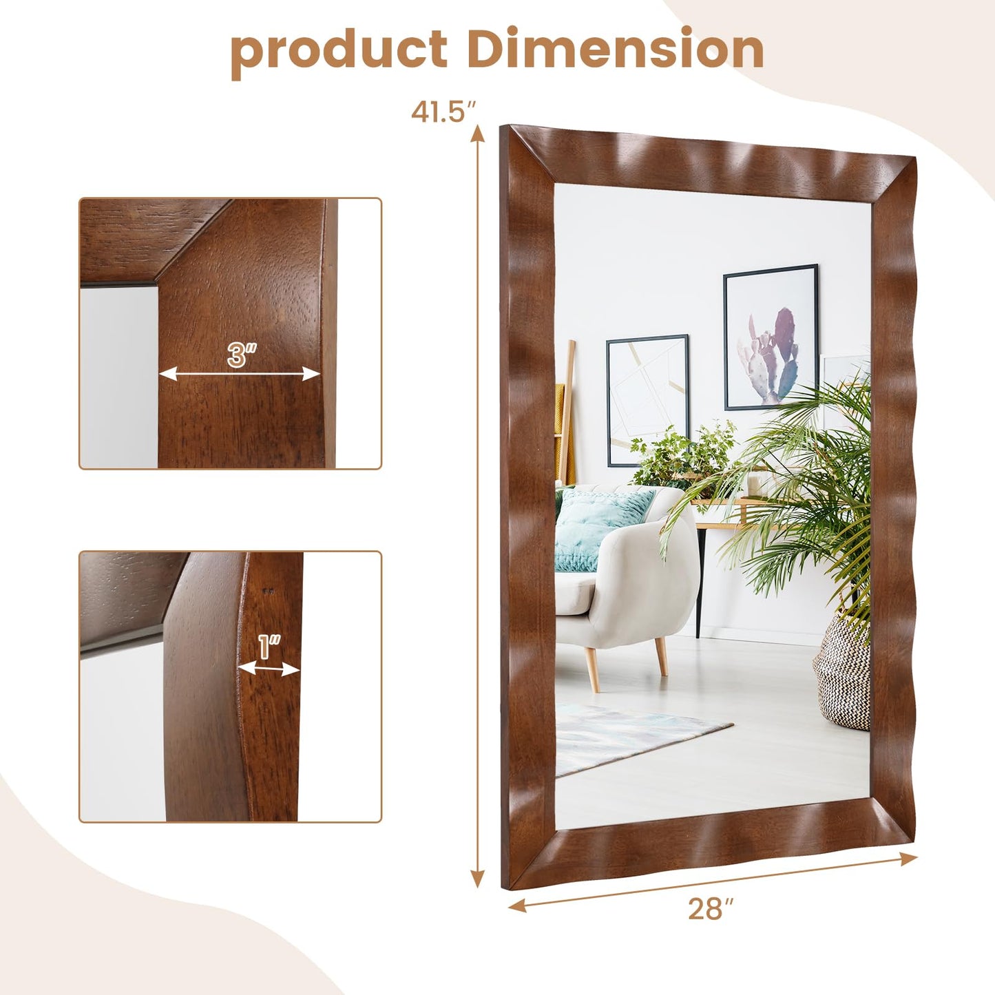 Tangkula 41.5" x 28" Farmhouse Wall Mirror, Rubber Wood Rustic Style Wall Mirror