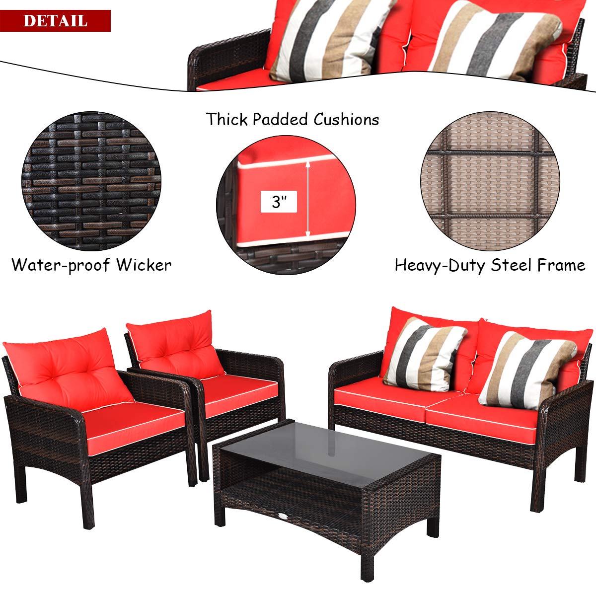 Tangkula 4 Piece Patio Furniture Set with Glass Top Coffee Table