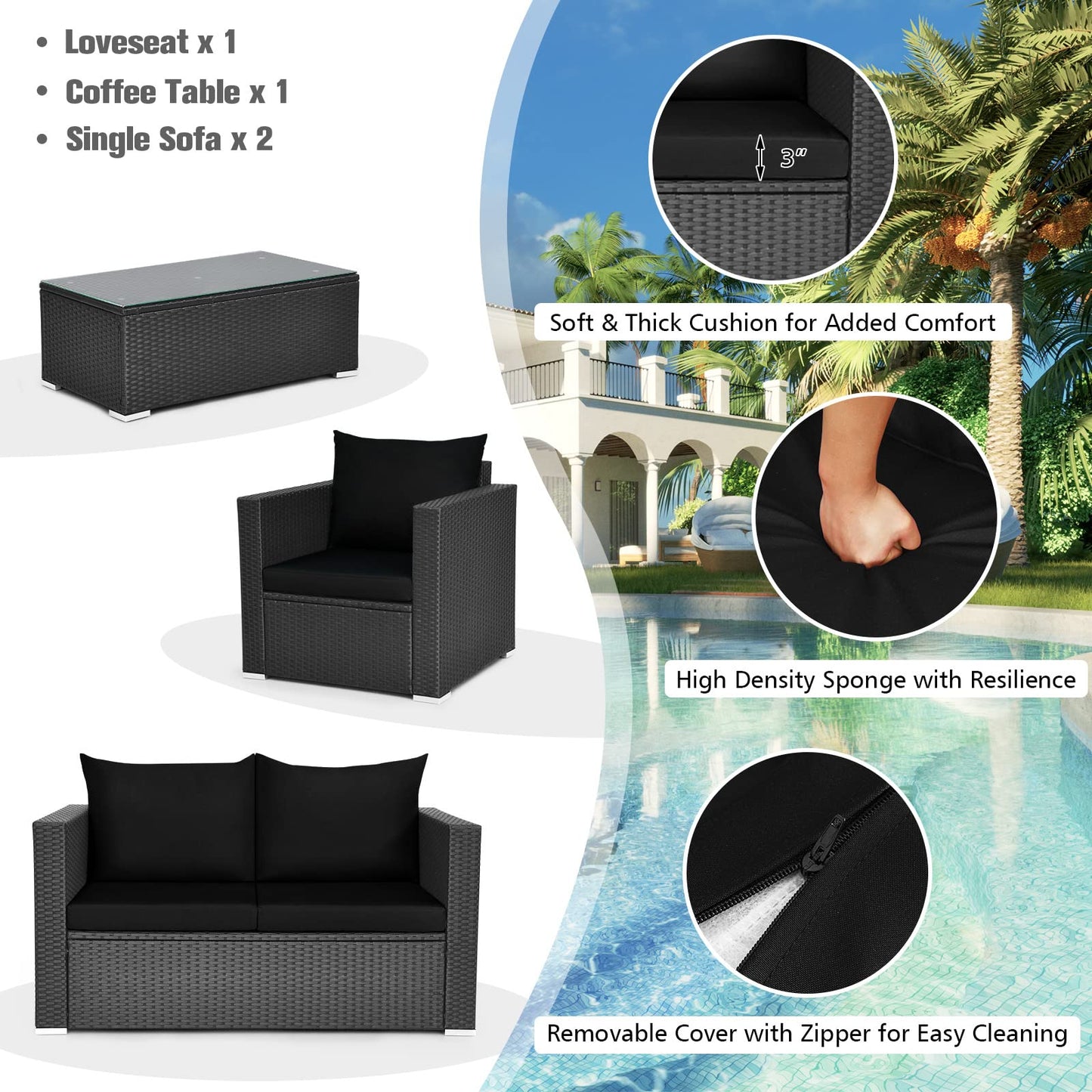 Patio Rattan Conversation Furniture Set, Outdoor Wicker Sofa Set with Padded Cushion & Tempered Glass Coffee Table